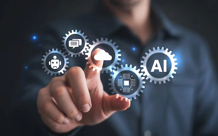 Illustration de l'intelligence artificielle et du cloud computing avec interface num&eacute;rique interactive et ic&ocirc;nes de chatbot, processeur et IA