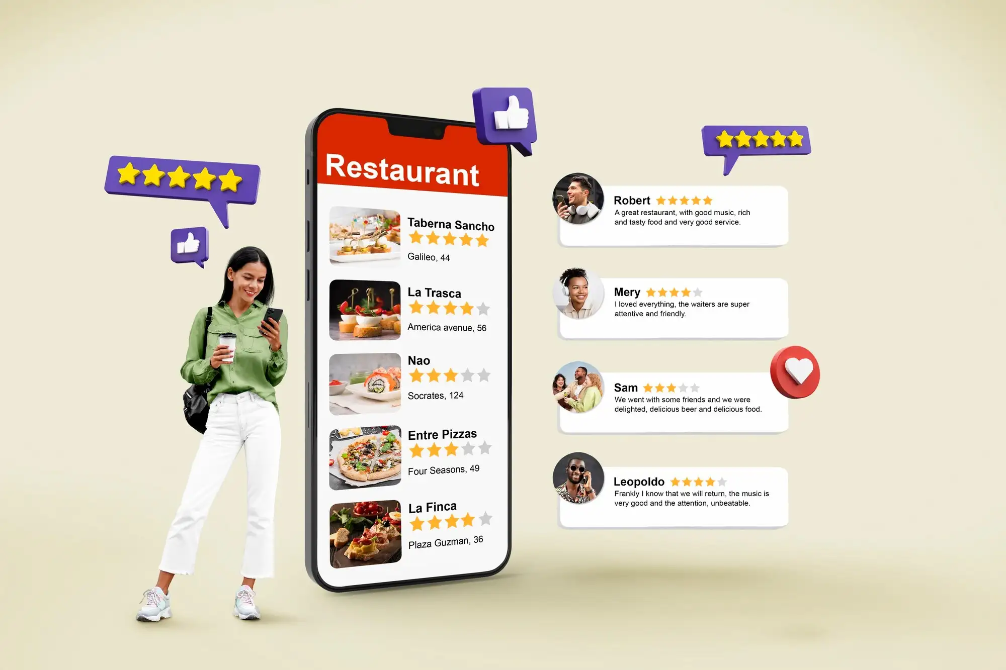FULL SHOT SMILEY WOMAN WITH SMARTPHONE_23 2149394418 | Cekome illustration avis clients restaurant sur mobile avec notes étoiles et commentaires pour e-réputation